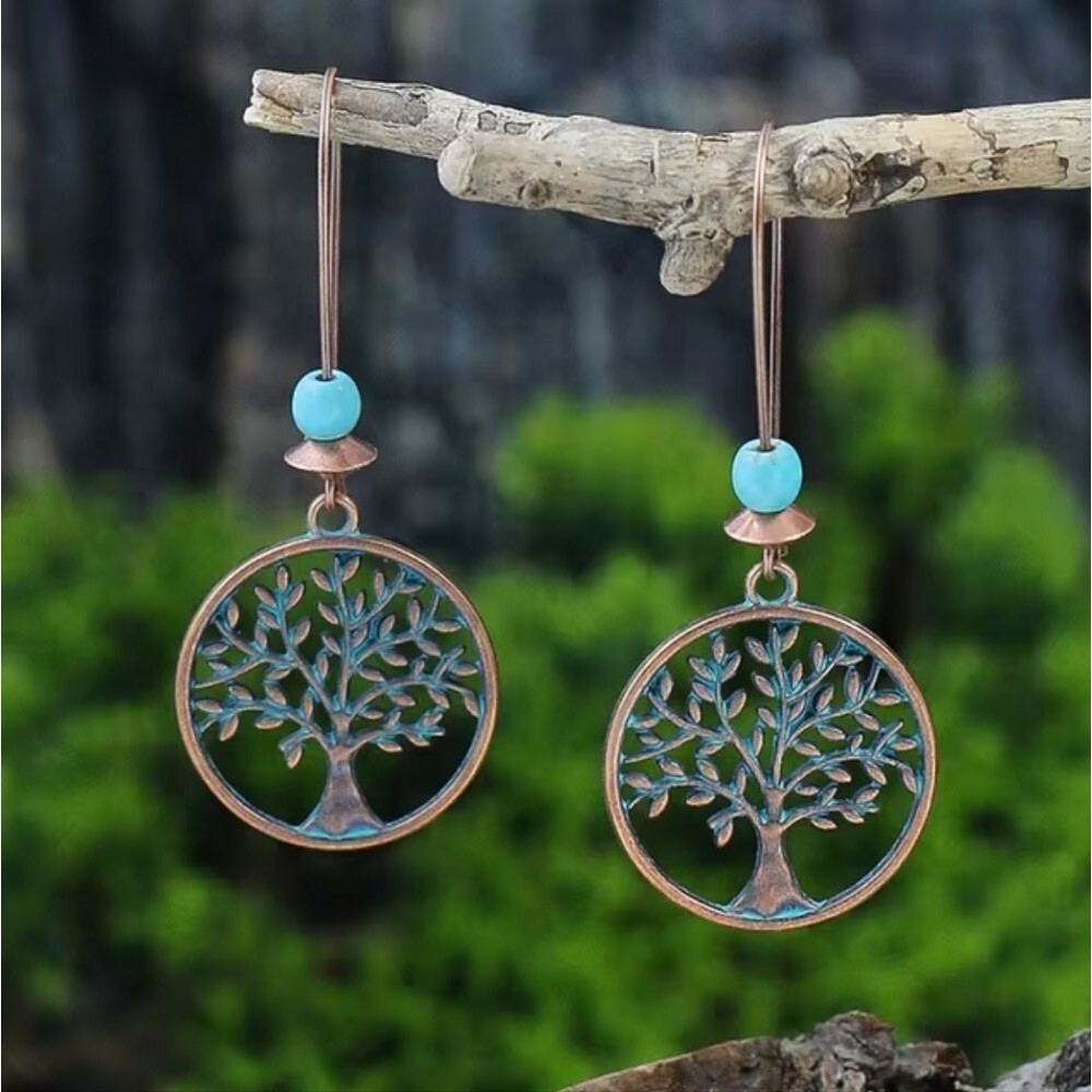 Tree of Life Copper and Turquoise Earrings